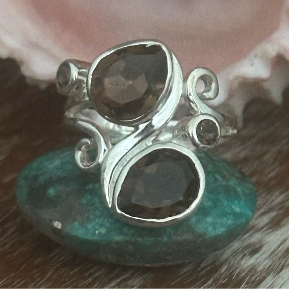 Genuine smoky quartz double stone 925 sterling silver ring - Picture 6 of 9